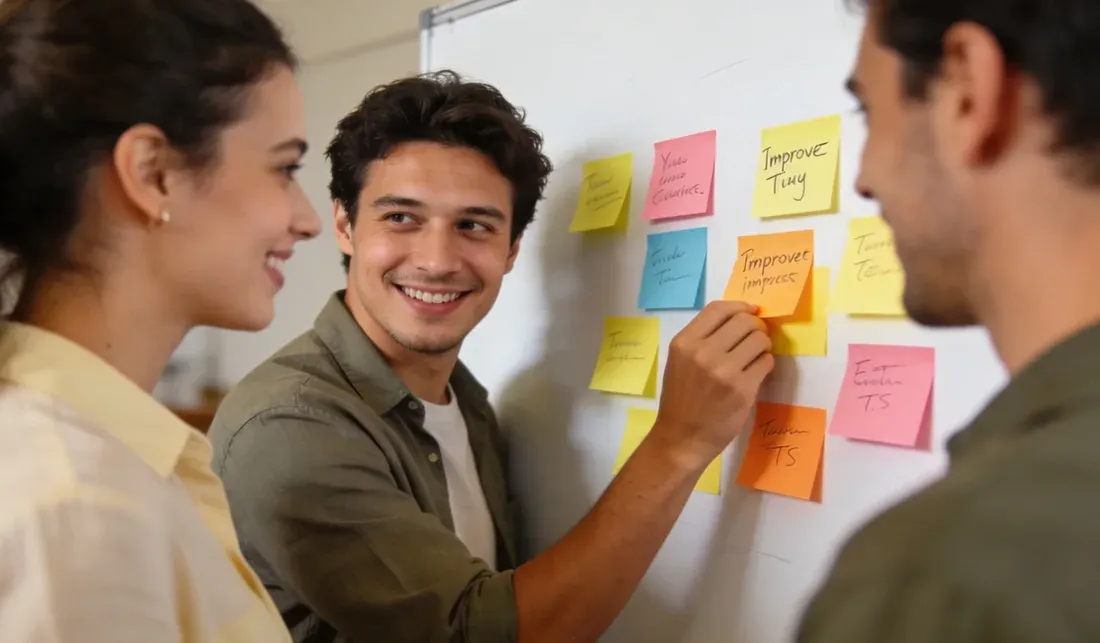 Personnes devant un tableau couvert de notes